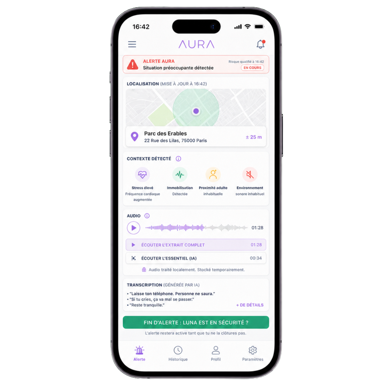 Interface mobile Aura avec alerte qualifiée, localisation, contexte détecté, audio, transcription et fin d’alerte