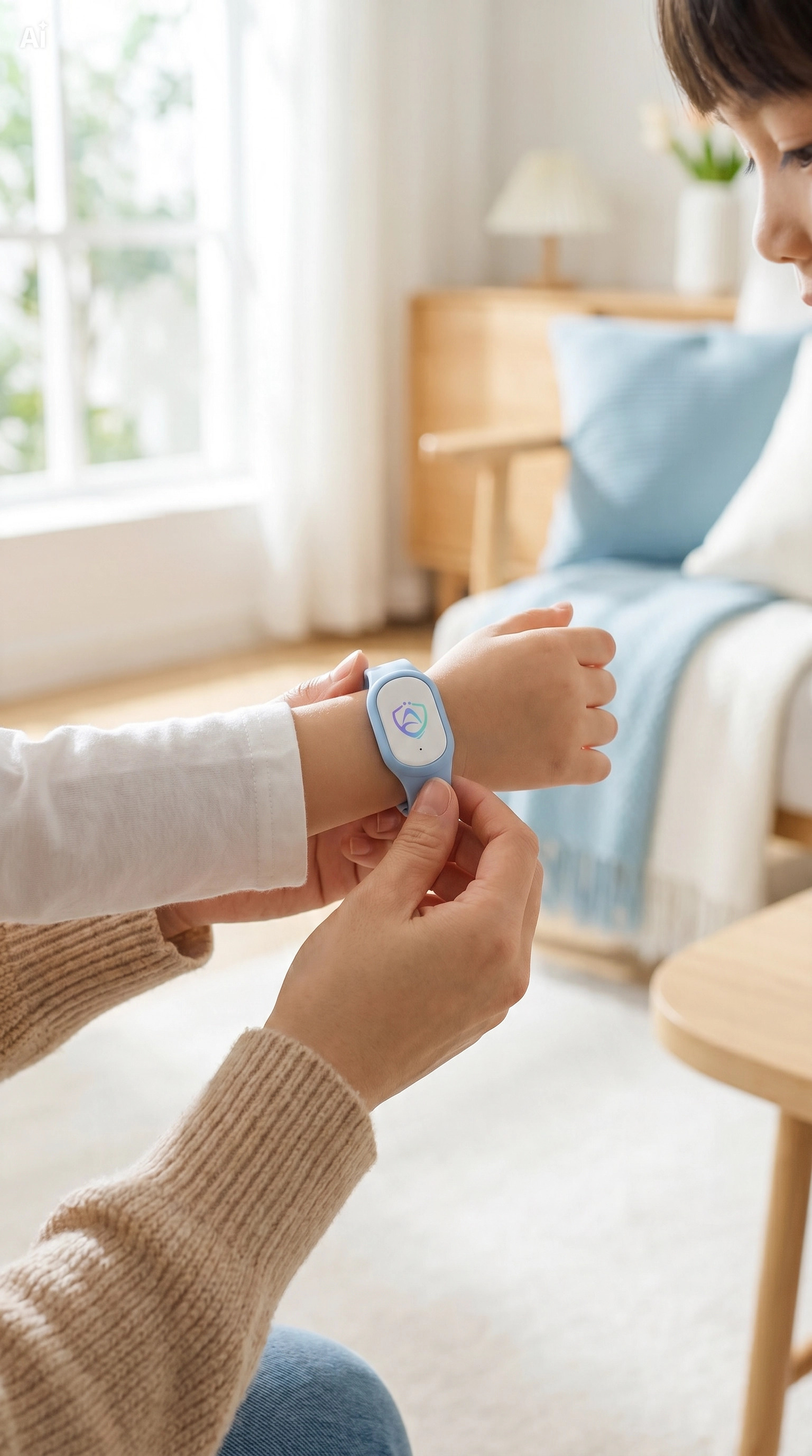 Bracelet AURA bleu porté par un enfant dans un intérieur lumineux.