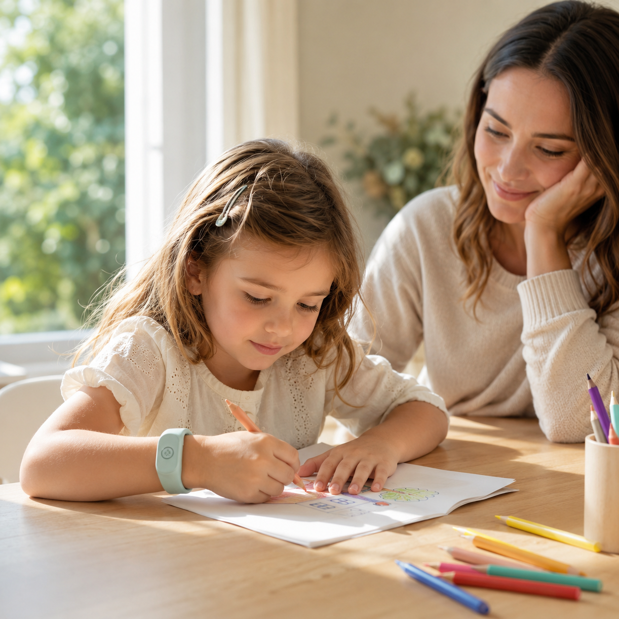 Enfant portant le bracelet Aura dans un moment calme avec un parent