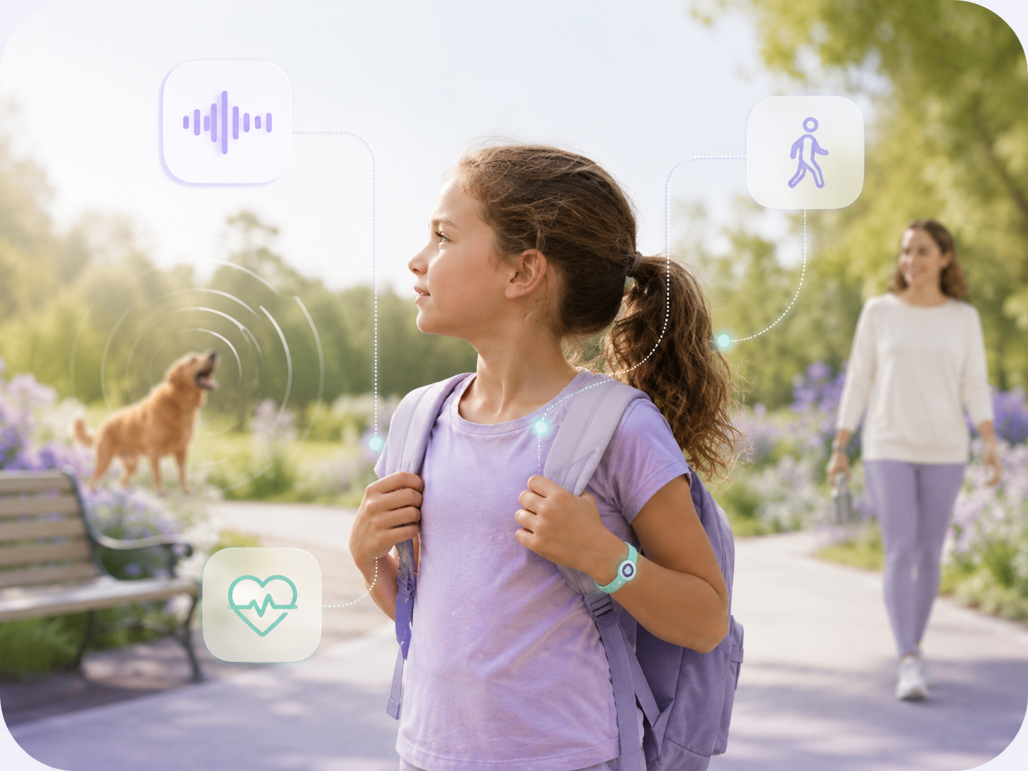 Enfant portant le bracelet Aura pendant une activité extérieure
